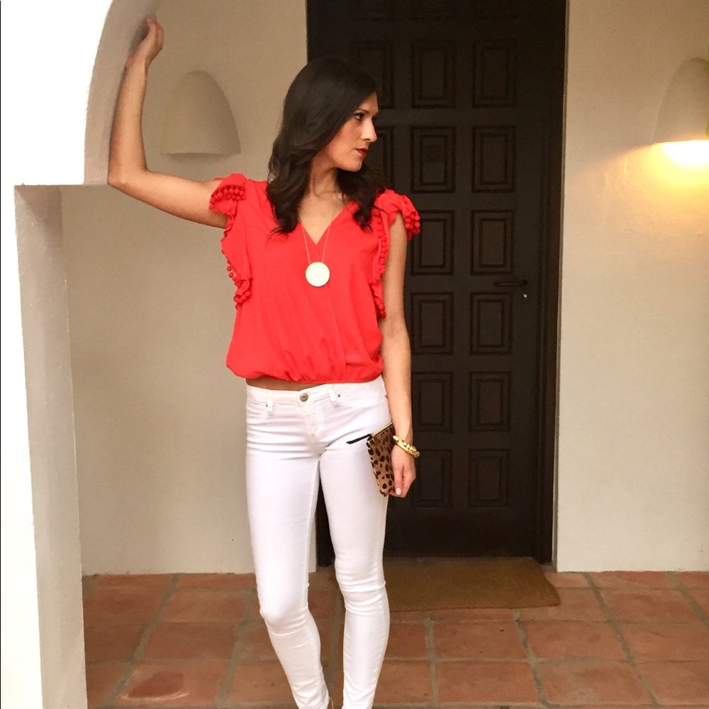 VAVA By Joy Han Red Pom Blouse